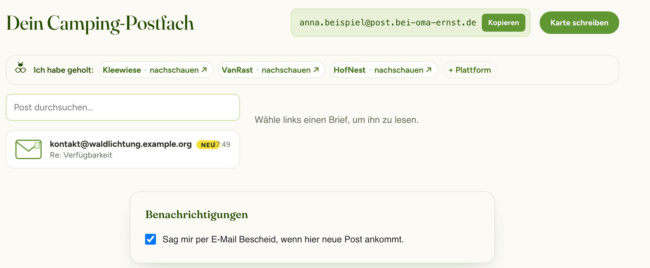 Das Camping-Postfach: eigene Camping-Adresse und ein Brief vom Gastgeber