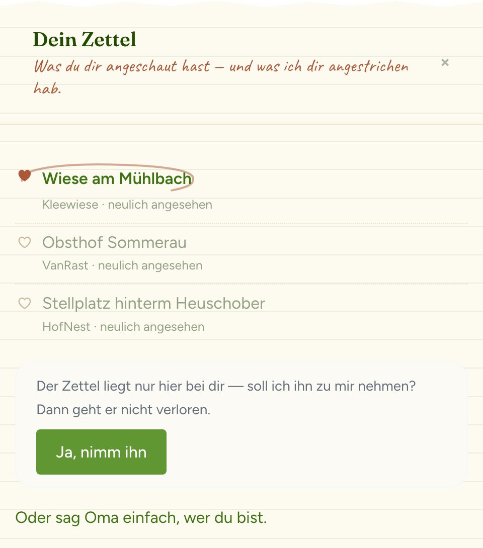 Dein Zettel: drei angesehene Plätze, einer mit dem Herz angestrichen
