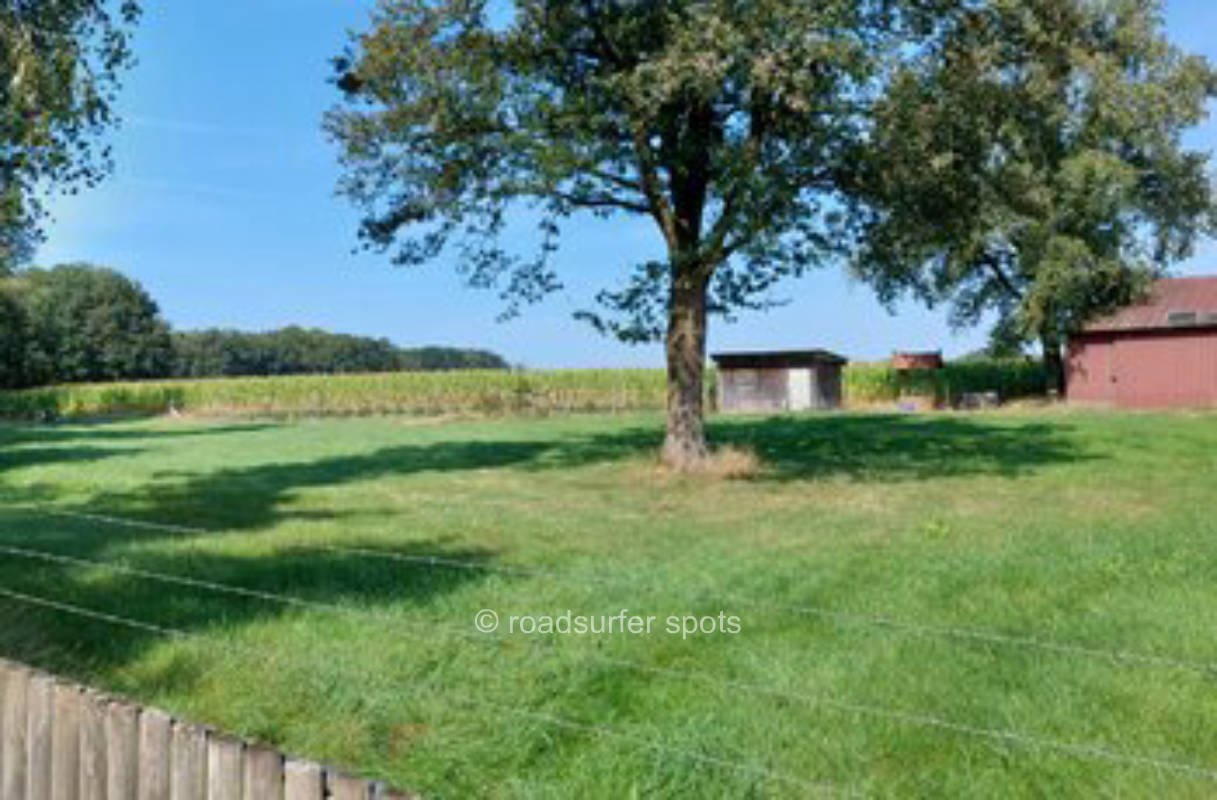 Camping auf der Wiese zwischen Feldern