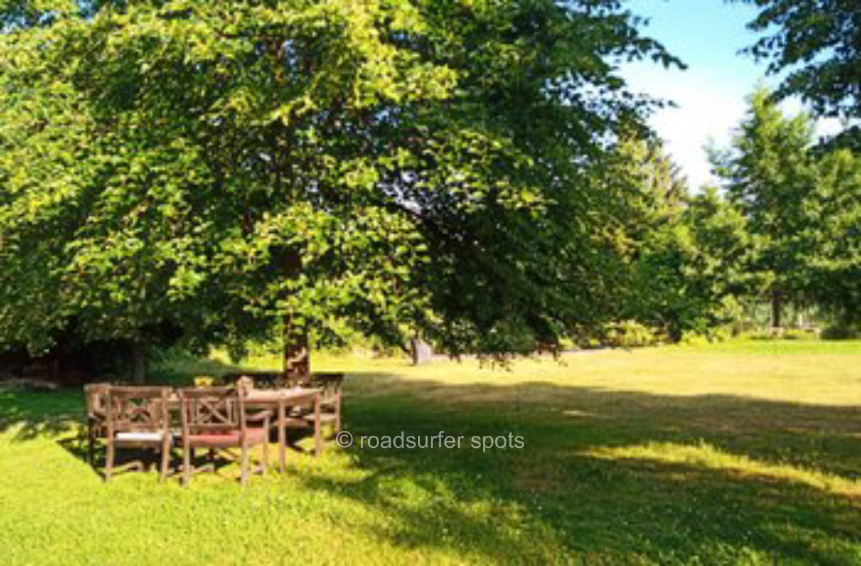 Camping auf der Wiese mit Naturteich