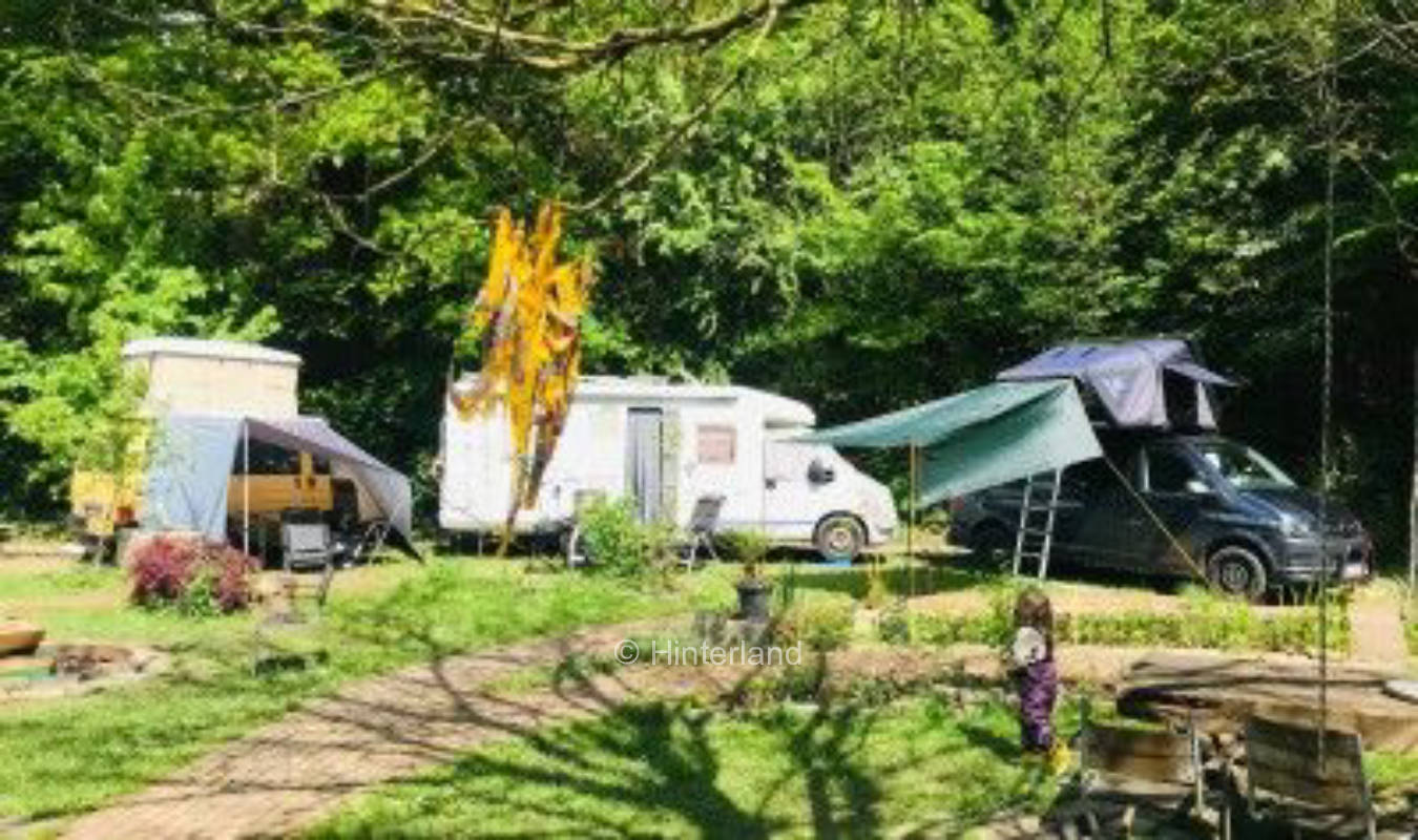 Campen auf der Wiese direkt am Wald mit einem Bach