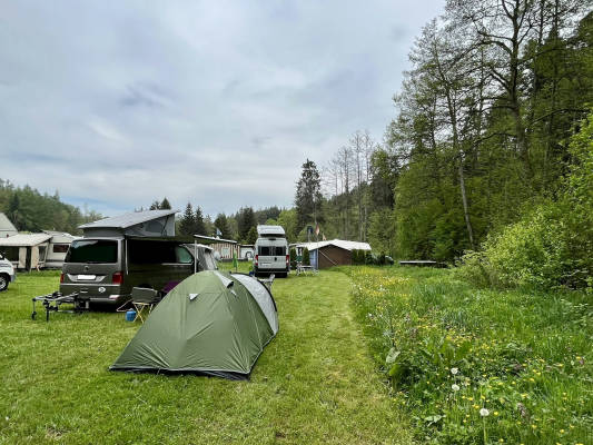 Mit zelt auf der waldwiese am bach