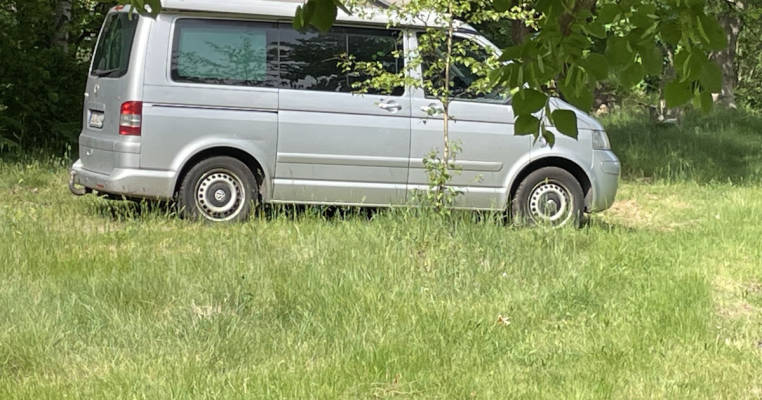 Motorhome parking site surrounded by forest and meadows