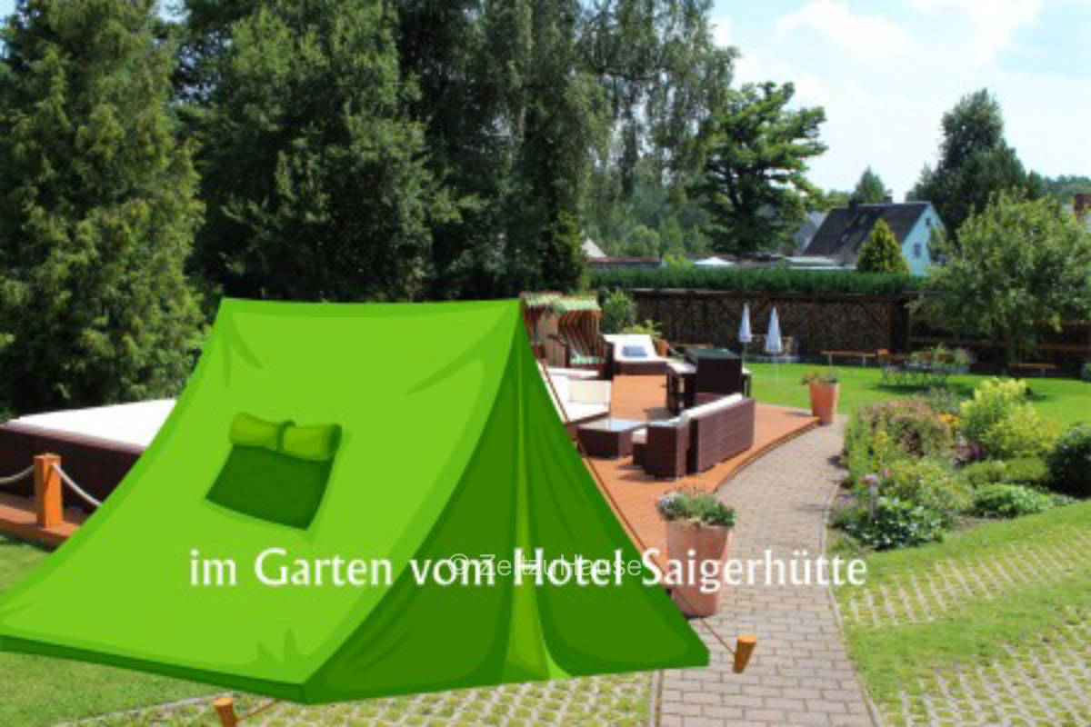 übernachten im Garten vom Hotel Saigerhütte