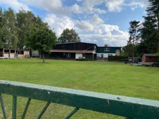 Rundum eingezäunte Wiese im Dorf der Pferde